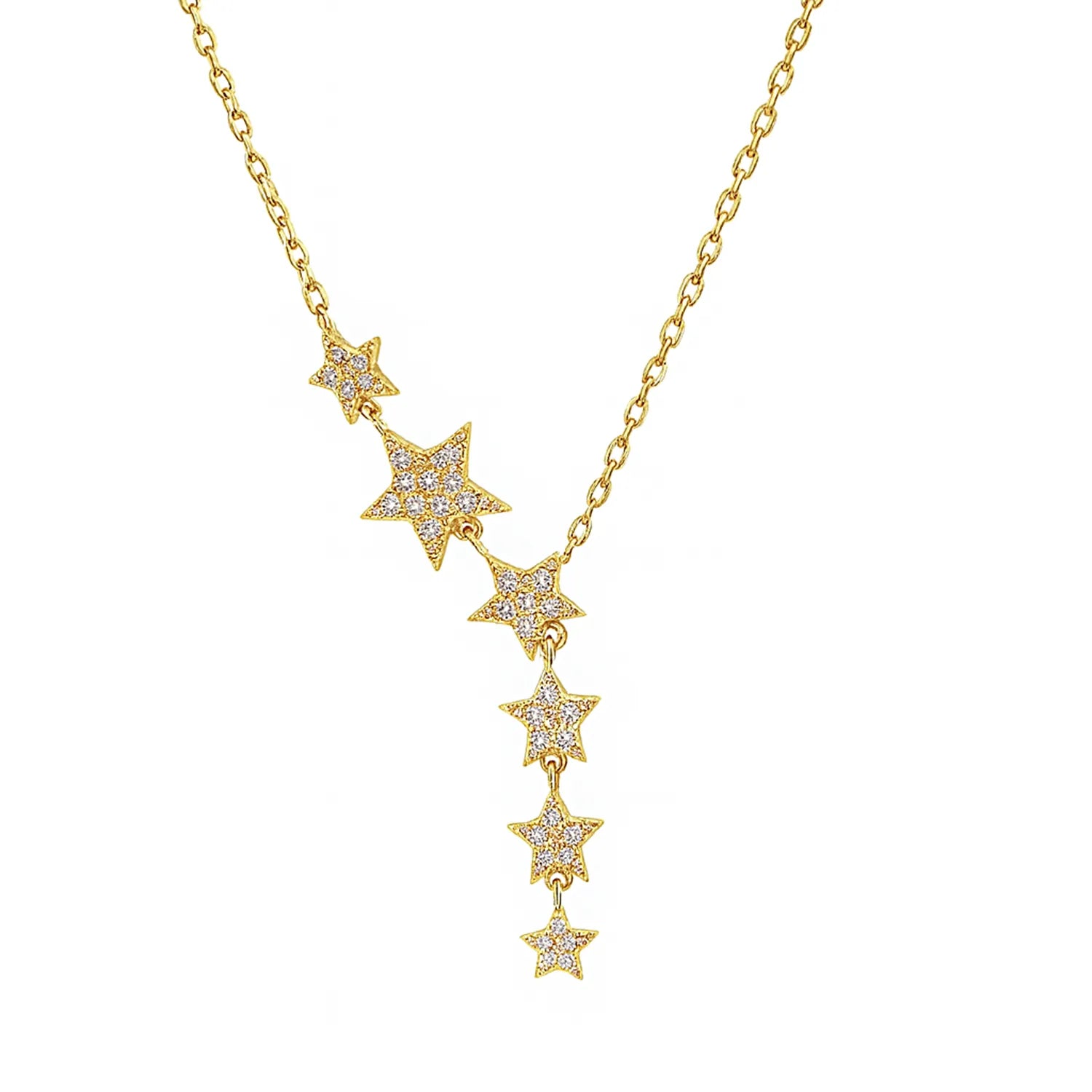 Vergoldete Damenhalskette aus 925 Sterling Silber mit mehreren funkelnden Stern-Anhängern im Shooting-Star-Design und Zirkonia, ideal für stilbewusste Frauen zu besonderen Anlässen.