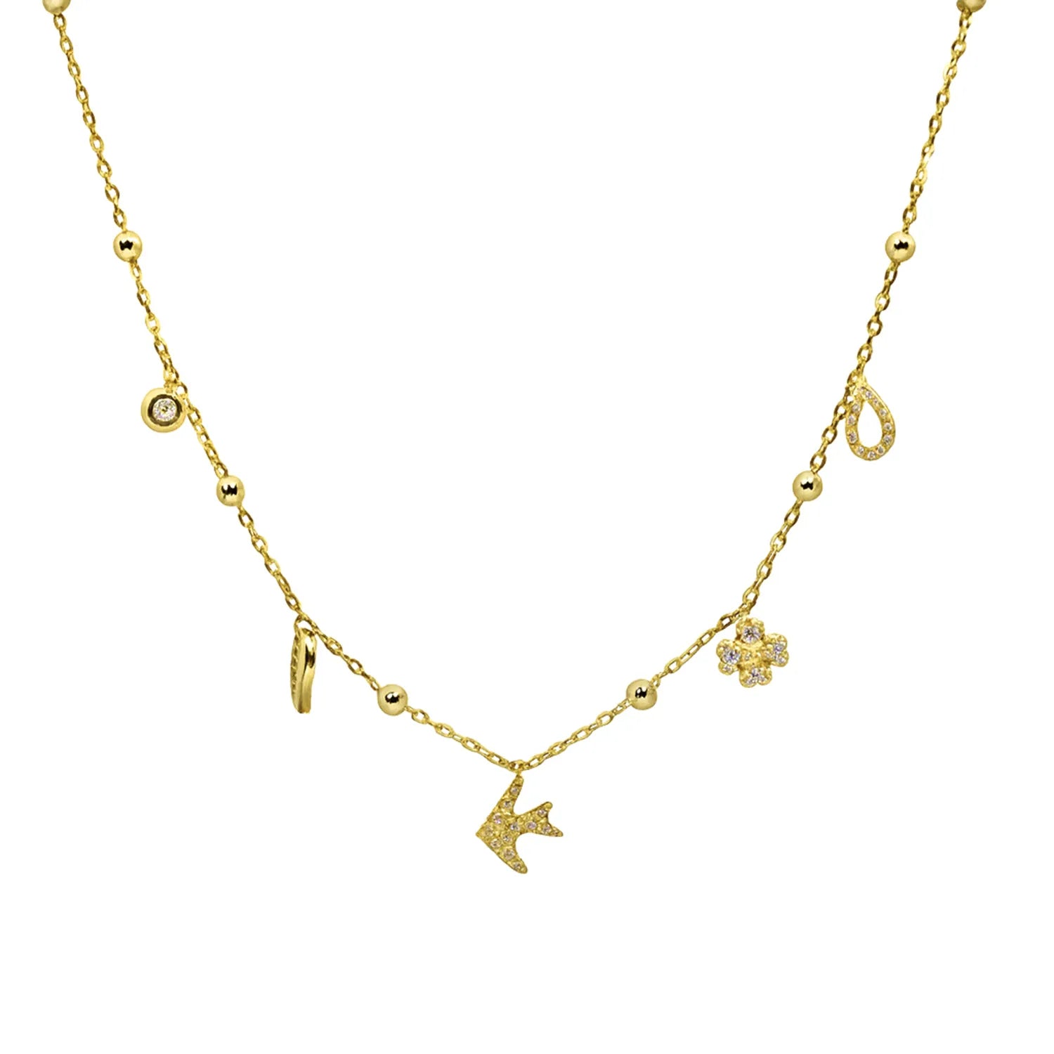 Vergoldete 925 Silberkette mit funkelnden Symbolanhängern – verspielte Damenkette, perfekt für Alltag, Büro und als liebevolle Geschenkidee.