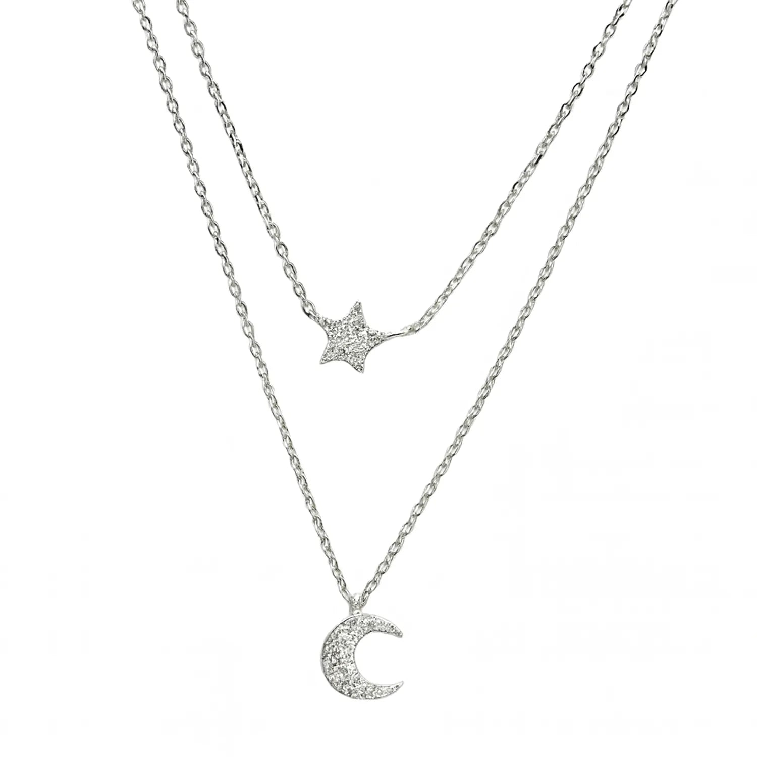 Filigrane Damenhalskette aus 925 Sterling Silber mit zwei Lagen und funkelnden Mond- und Sternanhängern aus Zirkonia, ideal für trendbewusste Frauen zu Alltag und Abend.