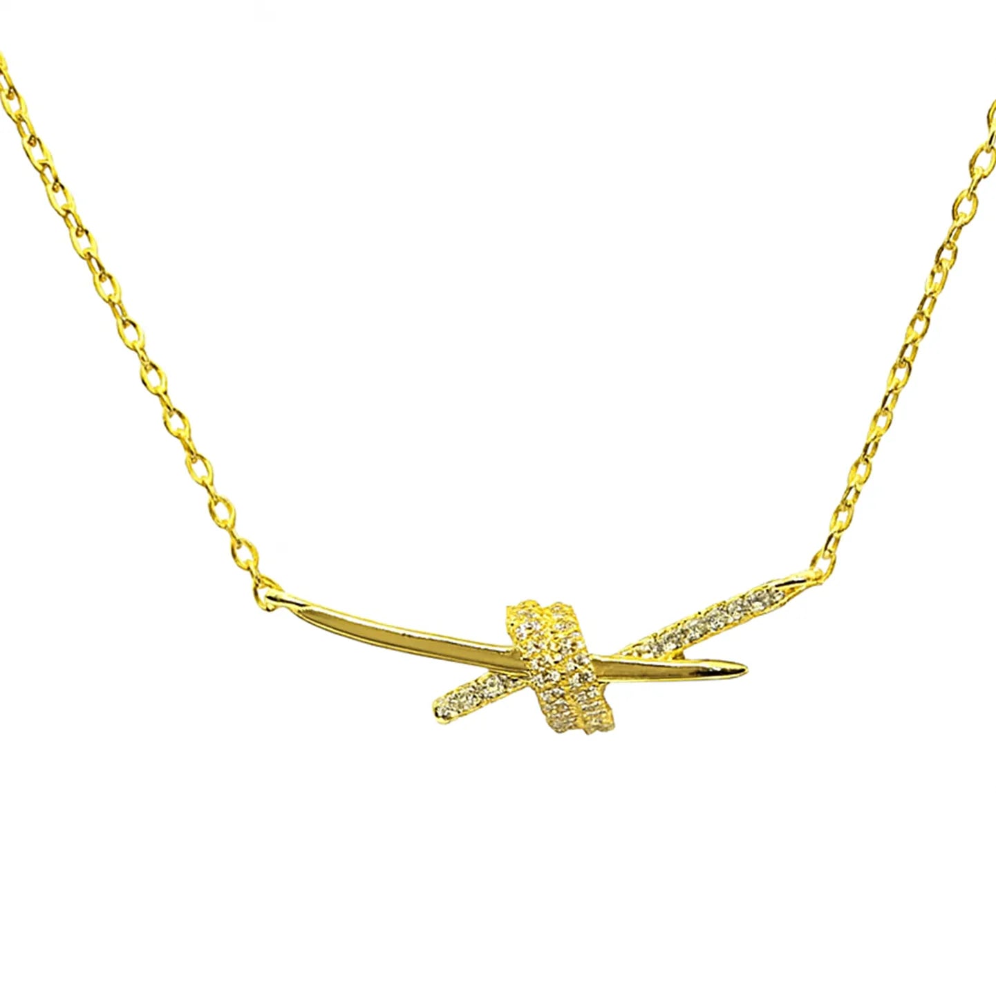 Vergoldete Damenhalskette aus 925 Sterling Silber mit modernem, überkreuztem Anhänger und pavégefassten Zirkonia-Steinen, ideal für stilbewusste Frauen zu jedem Anlass.