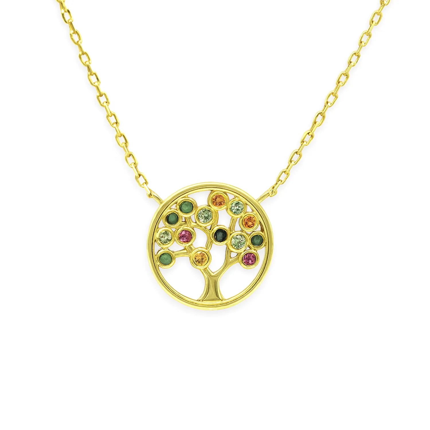 Vergoldete Damenhalskette aus 925 Sterling Silber mit rundem Lebensbaum-Anhänger und bunten Schmucksteinen, ideal für stilbewusste Frauen im Alltag und zu besonderen Anlässen.