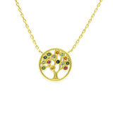 Vergoldete Damenhalskette aus 925 Sterling Silber mit rundem Lebensbaum-Anhänger und bunten Schmucksteinen, ideal für stilbewusste Frauen im Alltag und zu besonderen Anlässen.