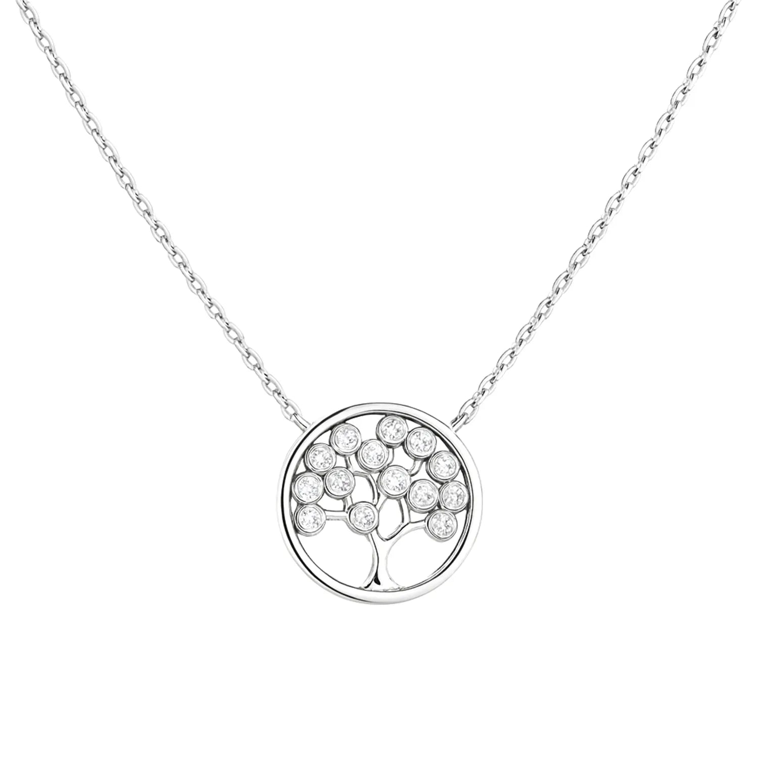 Filigrane Damenhalskette aus 925 Sterling Silber mit rundem Lebensbaum-Anhänger und funkelnden Zirkonia-Steinen, perfekt für stilbewusste Frauen im Alltag und zu besonderen Anlässen.