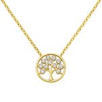 Vergoldete Damenhalskette aus 925 Sterling Silber mit rundem Lebensbaum-Anhänger und funkelnden Zirkonia-Steinen, ideal für stilbewusste Frauen als symbolischer Schmuck.