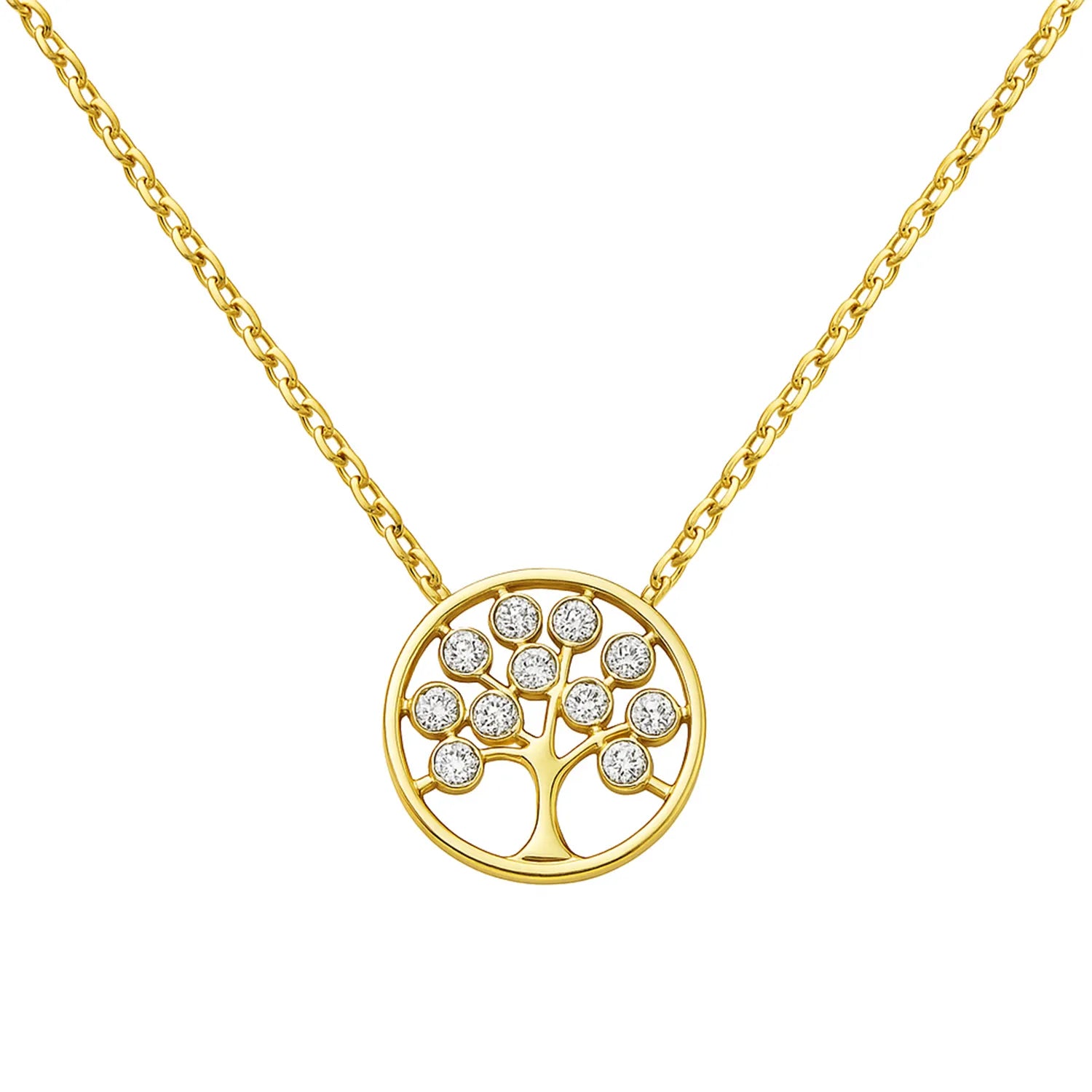 Vergoldete Damenhalskette aus 925 Sterling Silber mit rundem Lebensbaum-Anhänger und funkelnden Zirkonia-Steinen, ideal für stilbewusste Frauen als symbolischer Schmuck.
