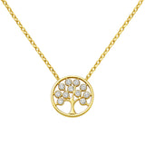 Vergoldete Damenhalskette aus 925 Sterling Silber mit rundem Lebensbaum-Anhänger und funkelnden Zirkonia-Steinen, ideal für stilbewusste Frauen als symbolischer Schmuck.