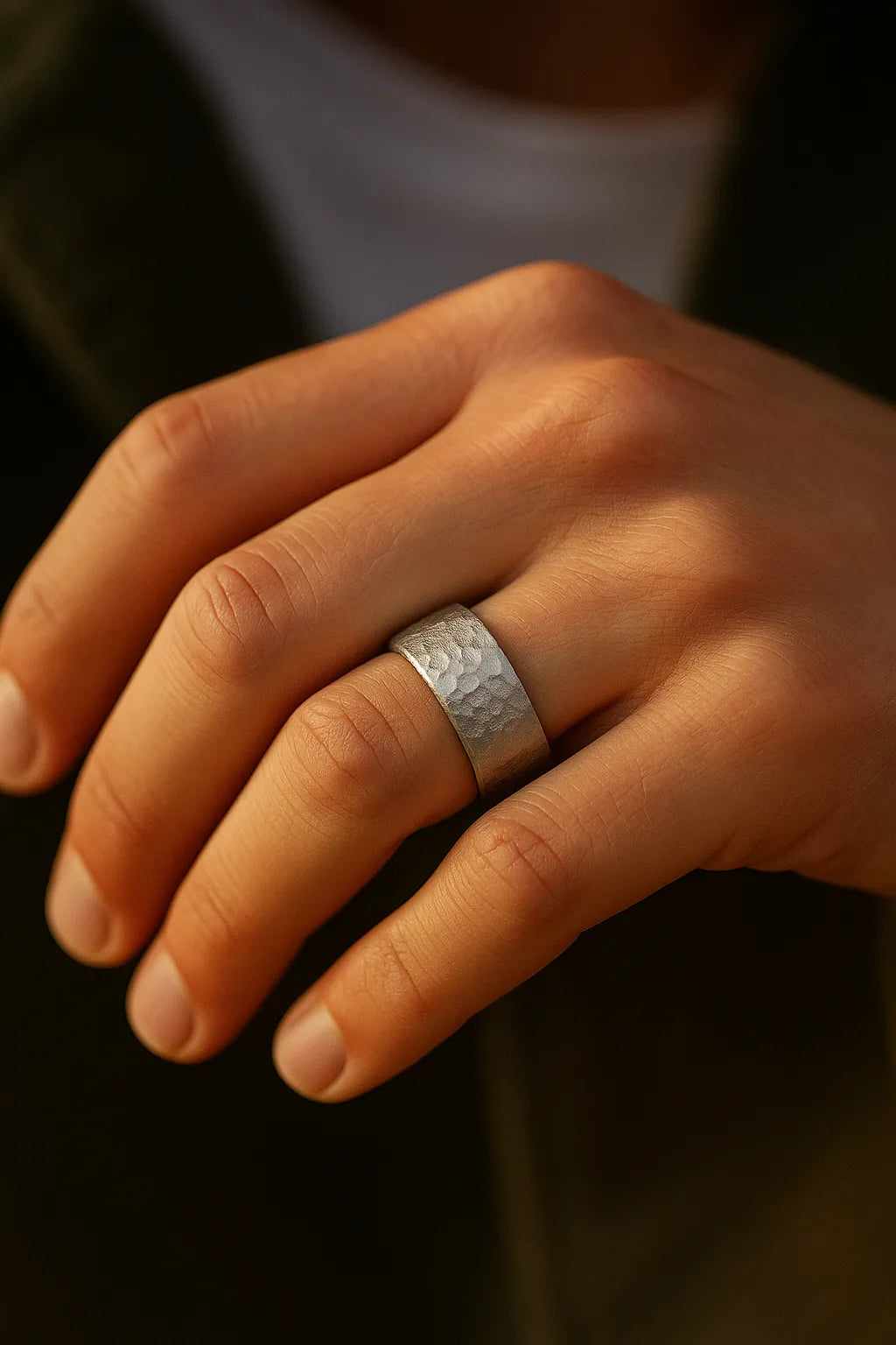 Herrenring aus Edelstahl, gehämmerte Oberfläche, breite Schiene – getragen am Ringfinger; Nahaufnahme im warmen Fensterlicht, natürliche Hauttöne.
