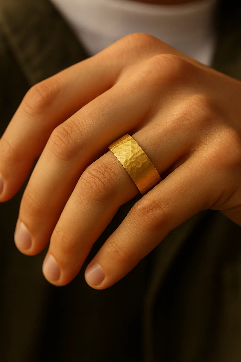 Herrenring vergoldeter Edelstahl, 8 mm breit, gehämmerte Oberfläche – getragen am Ringfinger; Nahaufnahme im warmen Fensterlicht, natürliche Hauttöne.
