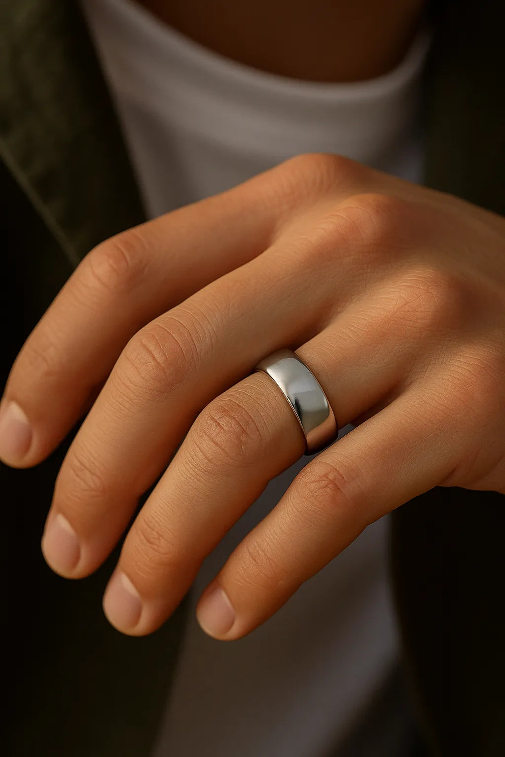 Herrenring Edelstahl silber, 7 mm breit, poliert – getragen am Ringfinger; Nahaufnahme im warmen Fensterlicht, natürliche Hauttöne, moderner Look.
