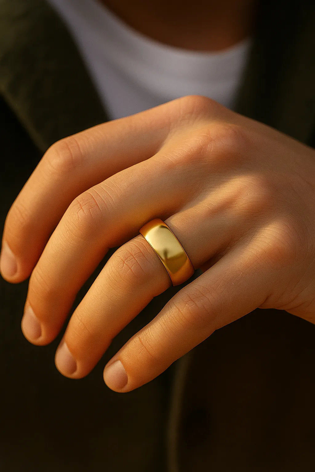 Herrenring vergoldeter Edelstahl, 8 mm, polierte Trauring-Optik – getragen am Ringfinger; Nahaufnahme im warmen Fensterlicht, natürliche Hauttöne.
