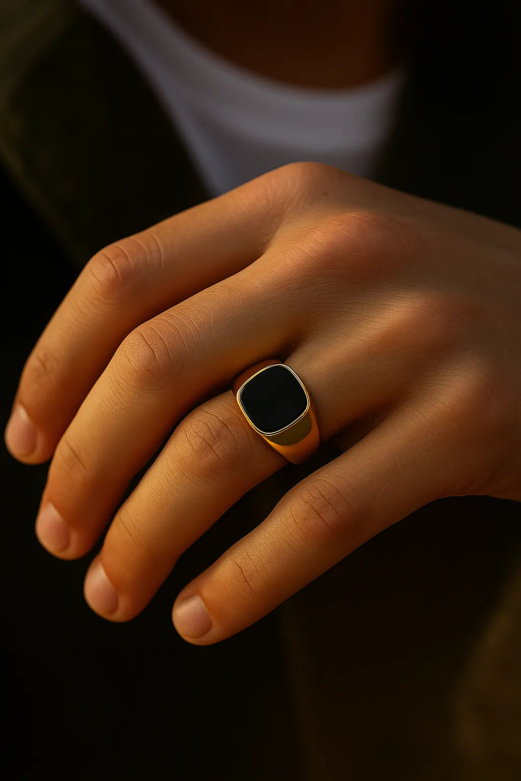 Herren-Siegelring aus vergoldetem Edelstahl mit schwarzem Achat, getragen am Ringfinger; Nahaufnahme im warmen Fensterlicht, natürliche Hauttöne, moderner Look.
