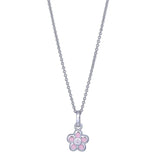 Diese Kinder-Halskette aus 925 Sterling Silber besitzt einen kleinen rosa emaillierten Blumenanhänger mit funkelndem Stein in der Mitte und eignet sich ideal für kleine Mädchen.