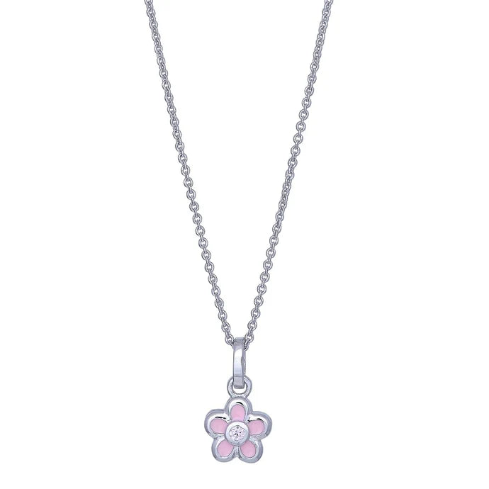 Diese Kinder-Halskette aus 925 Sterling Silber besitzt einen kleinen rosa emaillierten Blumenanhänger mit funkelndem Stein in der Mitte und eignet sich ideal für kleine Mädchen.