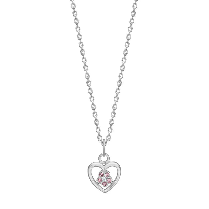 Diese Kinder-Halskette aus 925 Sterling Silber besitzt einen herzförmigen Anhänger mit rosa Kristallen in Blütenform und eignet sich ideal für kleine Mädchen als zarten Schmuck.
