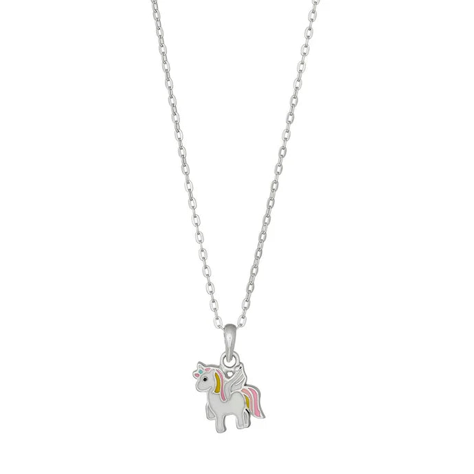 Diese Kinder-Halskette aus 925 Sterling Silber zeigt einen bunt emaillierten Einhorn-Anhänger mit Regenbogen-Mähne und ist ideal als zarter Schmuck für kleine Mädchen.