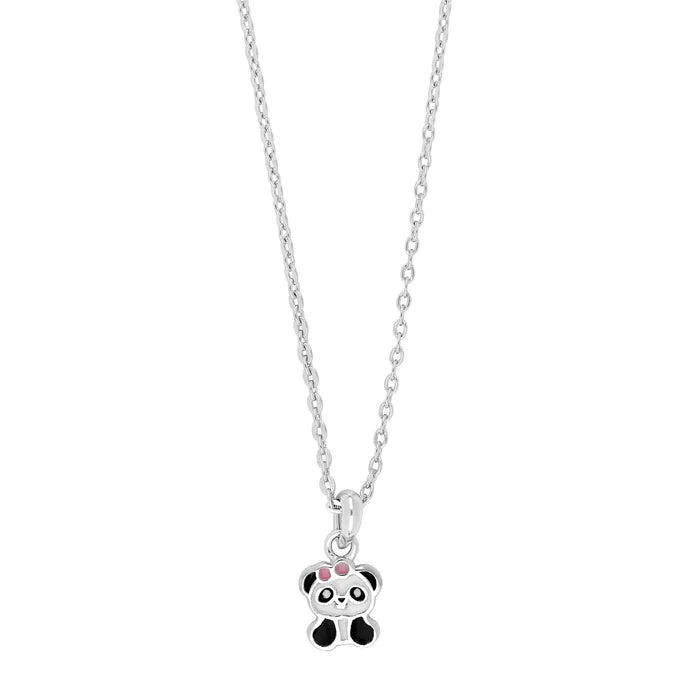 Diese zarte Kinder-Halskette aus 925 Sterling Silber zeigt einen niedlichen Panda-Anhänger mit rosa Schleife und ist besonders für kleine Mädchen geeignet.