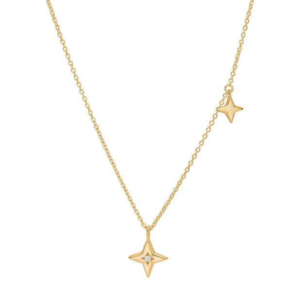 Auf dem Produktbild ist eine zarte Damenhalskette aus 925 Sterling Silber mit zwei Sternanhängern, einem kleinen facettierten Stein und asymmetrischem Design zu sehen, die sich an schmuckliebende Frauen richtet.