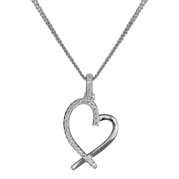 Diese Damen-Halskette aus 925 Sterling Silber zeigt einen offenen Herzanhänger mit funkelnden Zirkonia-Steinen und ist als romantisches Schmuckstück für Frauen gestaltet.