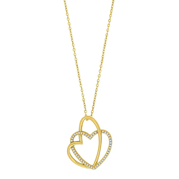 Elegante Damen-Halskette mit doppeltem Herzanhänger aus Silber bzw. vergoldetem Silber, verziert mit funkelnden Zirkonia, ideal für stilbewusste Frauen und als Geschenk.