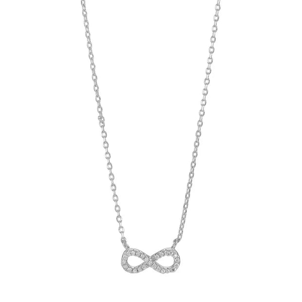 Die Abbildung zeigt eine zarte Damen-Halskette aus 925 Sterling Silber bzw. silbervergoldet mit funkelndem Infinity-Anhänger aus Zirkonia, ideal für modebewusste Frauen und romantische Anlässe.