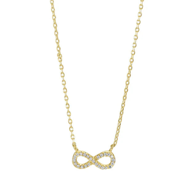Die Abbildung zeigt eine zarte Damen-Halskette aus 925 Sterling Silber bzw. silbervergoldet mit funkelndem Infinity-Anhänger aus Zirkonia, ideal für modebewusste Frauen und romantische Anlässe.