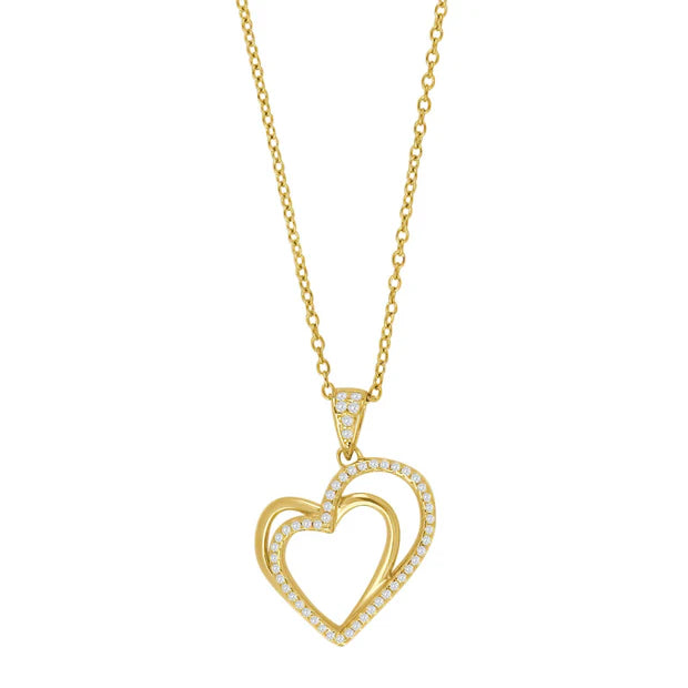 Elegante Damen-Halskette mit Doppelherz-Anhänger aus Silber oder vergoldetem Silber, verziert mit funkelnden Steinen, ideal als Geschenk für stilbewusste Frauen.