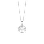 Die Halskette aus 925 Sterling Silber zeigt einen runden Lebensbaum-Anhänger mit funkelnden Zirkonia und eignet sich ideal als stilvolles Schmuckstück für Damen.