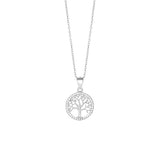 Die Halskette aus 925 Sterling Silber zeigt einen runden Lebensbaum-Anhänger mit funkelnden Zirkonia und eignet sich ideal als stilvolles Schmuckstück für Damen.