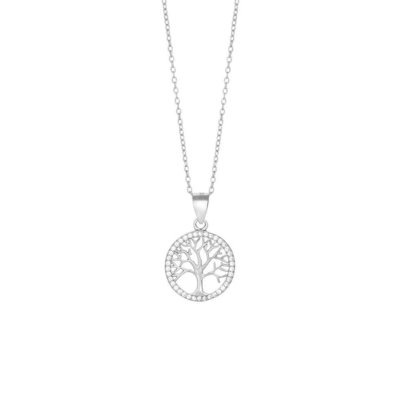Die Halskette aus 925 Sterling Silber zeigt einen runden Lebensbaum-Anhänger mit funkelnden Zirkonia und eignet sich ideal als stilvolles Schmuckstück für Damen.