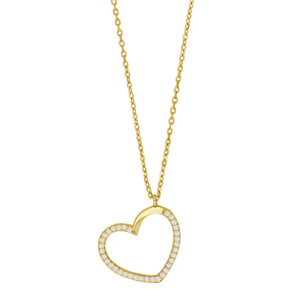 Elegante Damen-Halskette mit offenem Herzanhänger aus Silber oder vergoldetem Silber, verziert mit funkelnden Zirkonia, ideal als Geschenk für Frauen.
