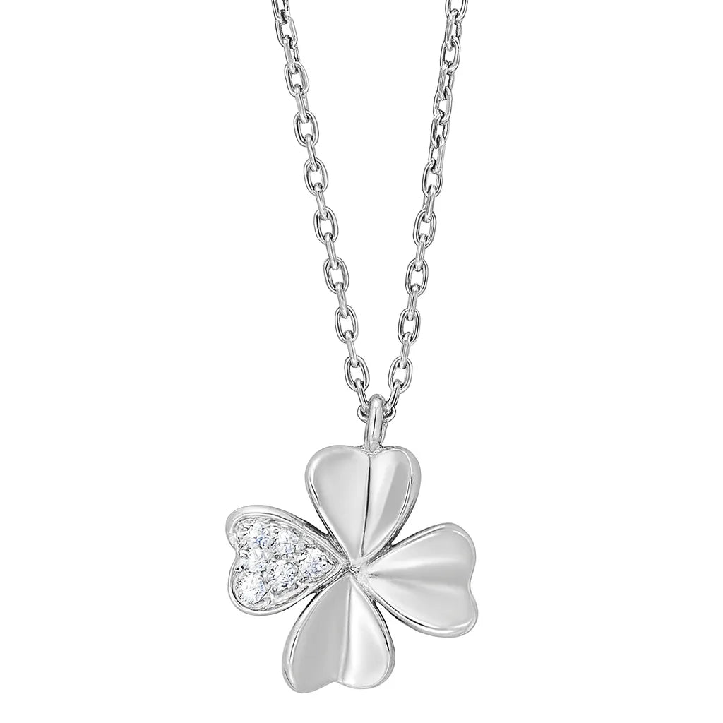 Feine Damen-Halskette aus 925 Sterling Silber, wahlweise vergoldet oder in Silber, mit vierblättrigem Kleeblatt-Anhänger und funkelndem Zirkonia-Herzblatt als eleganter Glücksbringer für stilbewusste Frauen.