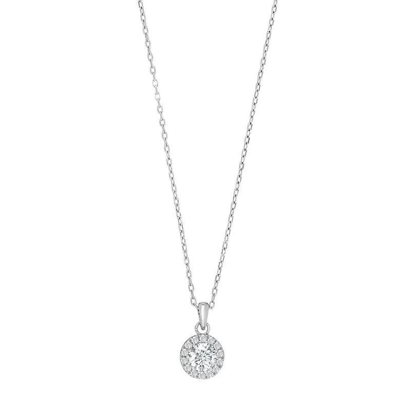 Zarte Halskette aus 925 Sterling Silber mit rundem Zirkonia-Anhänger im Halo-Design, ideal für Damen, die zeitlosen und eleganten Schmuck lieben.