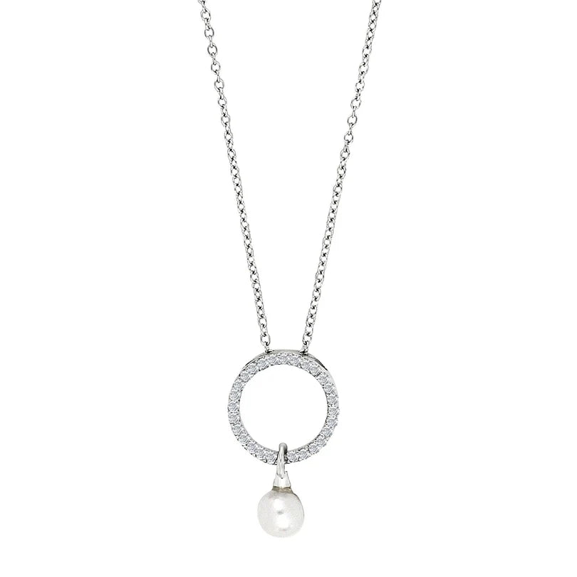 Feine Damen-Halskette aus 925 Sterling Silber, wahlweise vergoldet oder in Silber, mit funkelndem Zirkonia-Kreis und herabhängender Süßwasserperle als eleganter Blickfang für stilbewusste Frauen.