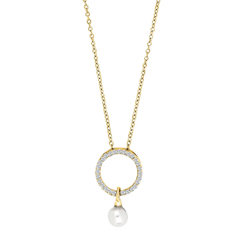 Feine Damen-Halskette aus 925 Sterling Silber, wahlweise vergoldet oder in Silber, mit funkelndem Zirkonia-Kreis und herabhängender Süßwasserperle als eleganter Blickfang für stilbewusste Frauen.