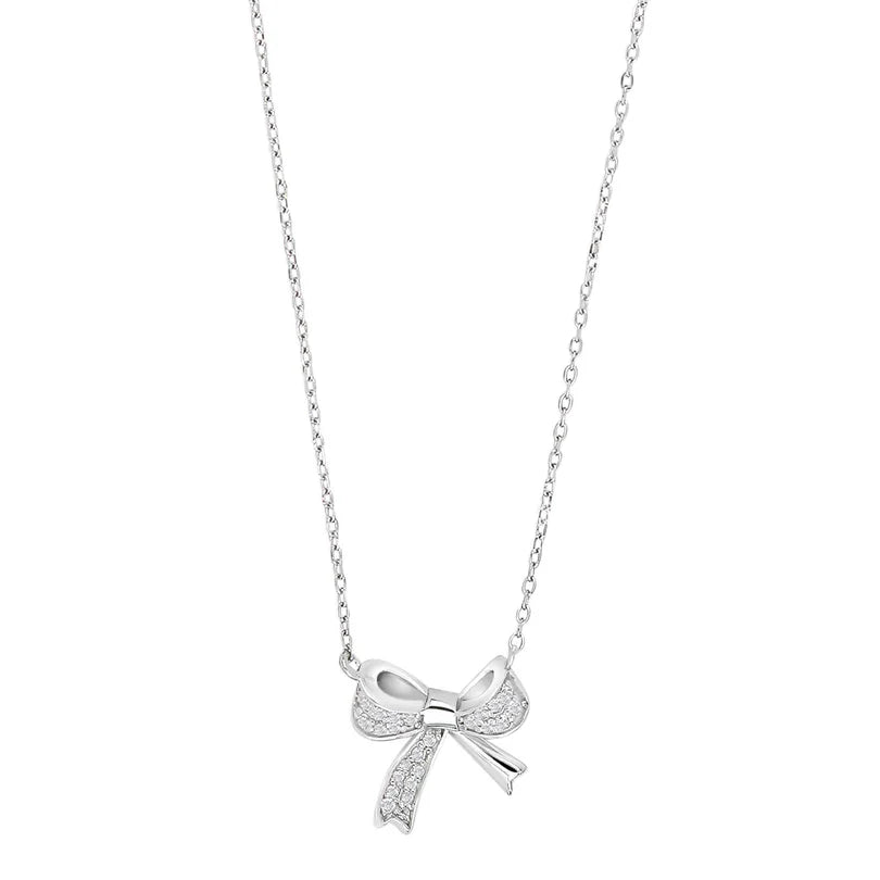 Feine Damen-Halskette aus 925 Sterling Silber, wahlweise vergoldet oder in Silber, mit funkelndem Zirkonia-Schleifenanhänger als verspielter Schmuck für stilbewusste Frauen.