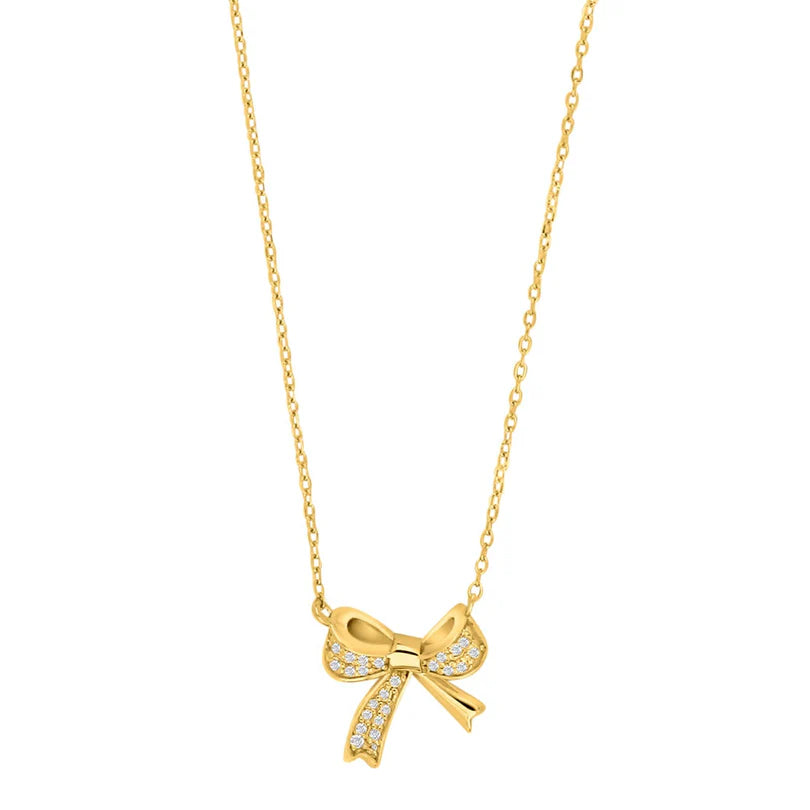 Feine Damen-Halskette aus 925 Sterling Silber, wahlweise vergoldet oder in Silber, mit funkelndem Zirkonia-Schleifenanhänger als verspielter Schmuck für stilbewusste Frauen.