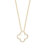 Das Bild zeigt eine zarte Damenhalskette aus 925 Sterling Silber mit offenem, vierblättrigem Kleeblatt-Anhänger und funkelndem Zirkonia-Pavé, die sich an stilbewusste Frauen richtet.