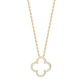 Das Bild zeigt eine zarte Damenhalskette aus 925 Sterling Silber mit offenem, vierblättrigem Kleeblatt-Anhänger und funkelndem Zirkonia-Pavé, die sich an stilbewusste Frauen richtet.