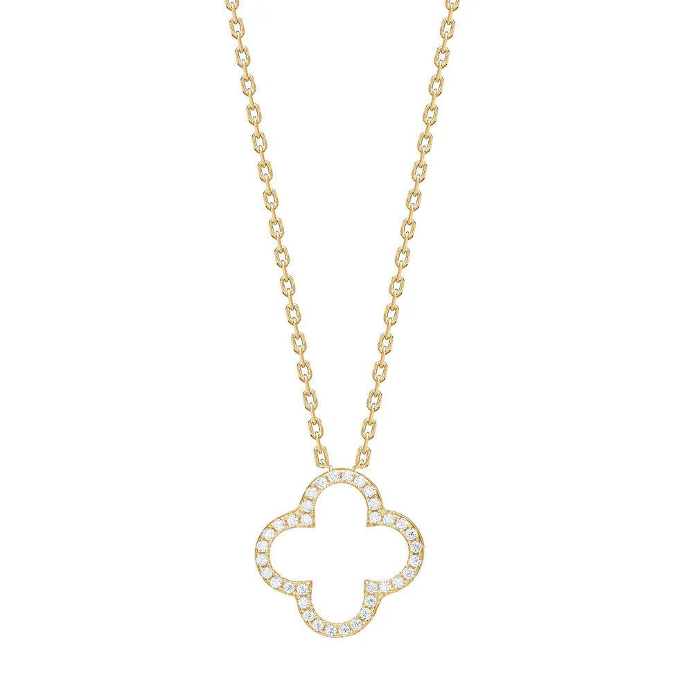 Das Bild zeigt eine zarte Damenhalskette aus 925 Sterling Silber mit offenem, vierblättrigem Kleeblatt-Anhänger und funkelndem Zirkonia-Pavé, die sich an stilbewusste Frauen richtet.