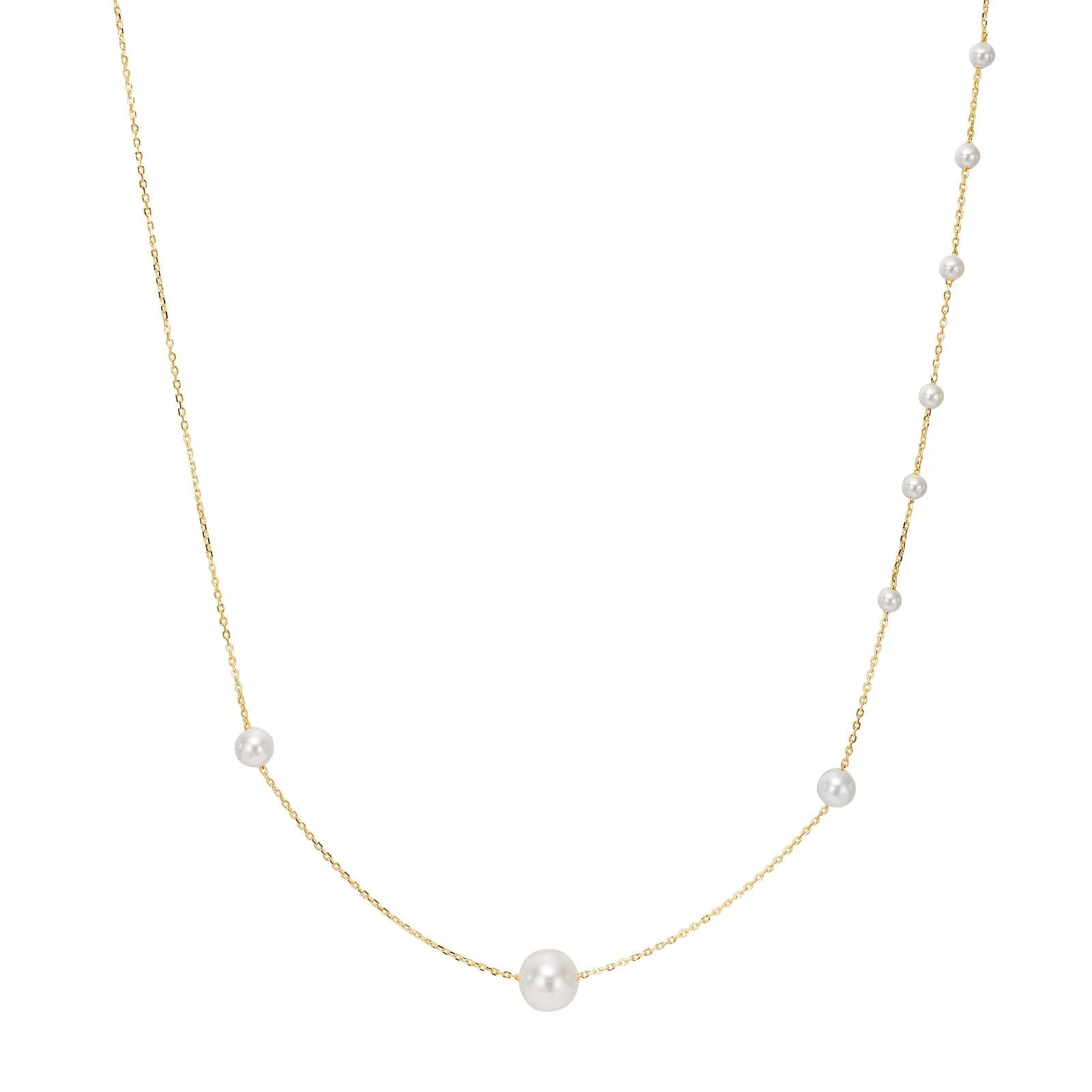 Feine Damenhalskette aus 925 Sterling Silber mit mehreren weißen Süßwasserperlen in Abständen, ideal für stilbewusste Frauen als eleganter Alltags- und Anlassschmuck.