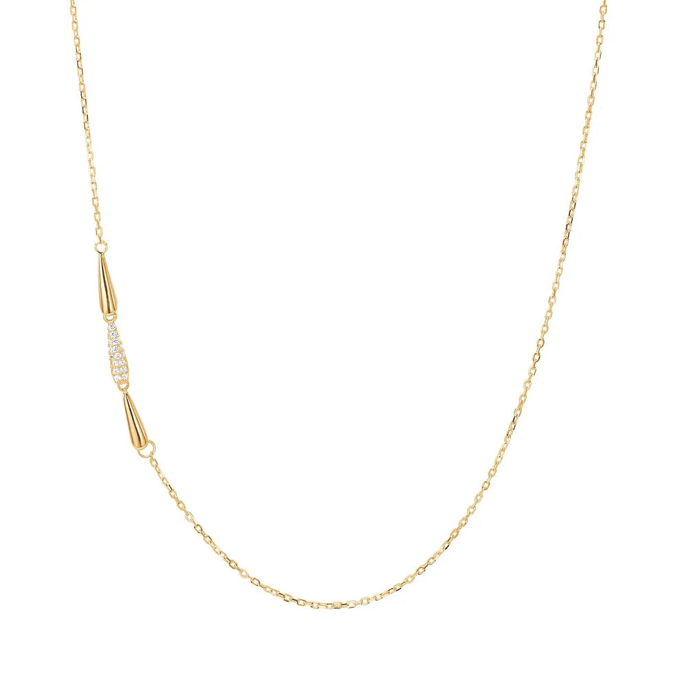 Feine Damenhalskette aus vergoldetem 925 Sterling Silber mit seitlichem Tropfen-Element und funkelnden Zirkonia, ideal für stilbewusste Frauen im Alltag und zu besonderen Anlässen.
