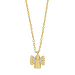 Diese Kinderkette zeigt einen Engelanhänger aus 925 Sterling Silber mit funkelnden Zirkonia-Flügeln und eignet sich als liebevolles Schmuckstück für Mädchen.