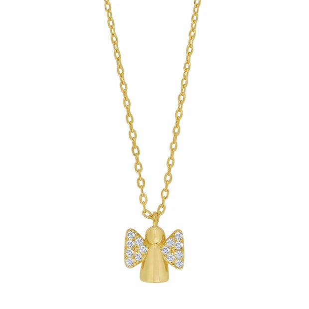 Diese Kinderkette zeigt einen Engelanhänger aus 925 Sterling Silber mit funkelnden Zirkonia-Flügeln und eignet sich als liebevolles Schmuckstück für Mädchen.