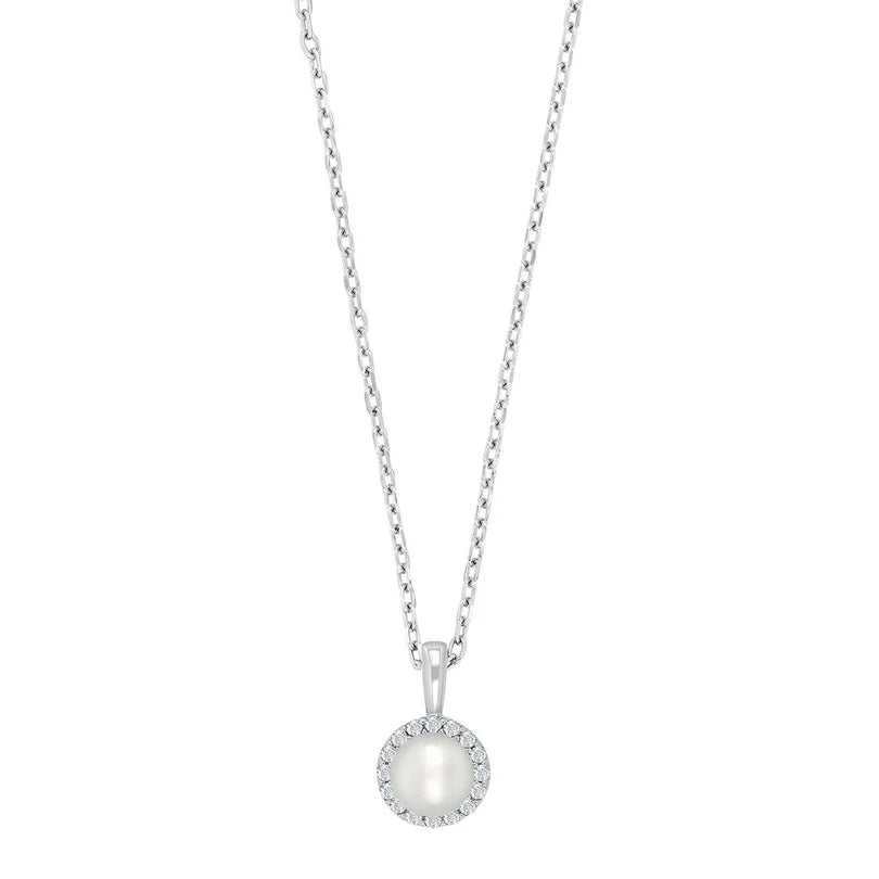 Elegante Damen-Halskette aus 925 Sterling Silber mit runder Süßwasserperle und funkelndem Zirkonia-Rahmen, ideal für stilbewusste Frauen.