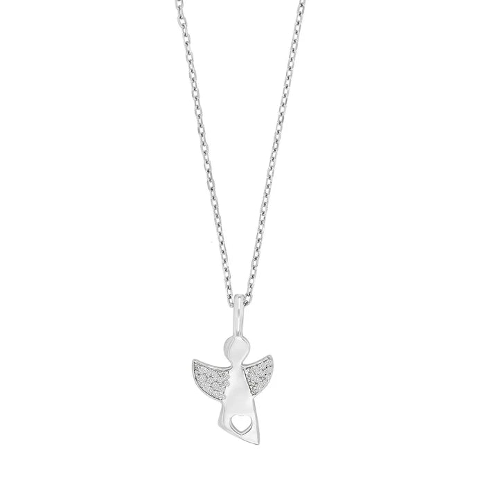 Diese Damen-Halskette aus 925 Sterling Silber zeigt einen Schutzengel-Anhänger mit funkelnden Zirkonia-Flügeln und ausgestanztem Herz, ideal als symbolischer Schmuck für Frauen.