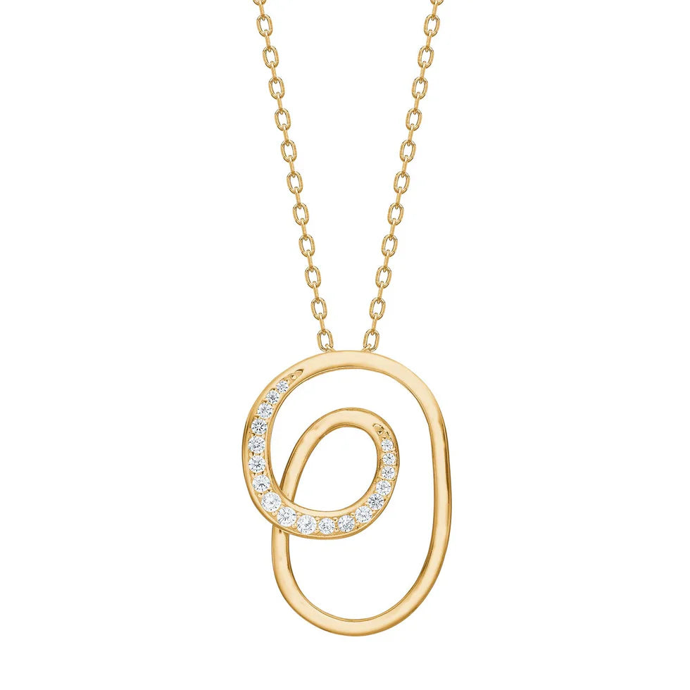 Diese moderne Damen-Halskette aus 925 Sterling Silber, wahlweise vergoldet oder in Silber, besitzt einen abstrakten Doppel-Oval-Anhänger mit Zirkonia-Besatz und richtet sich an stilbewusste Frauen.