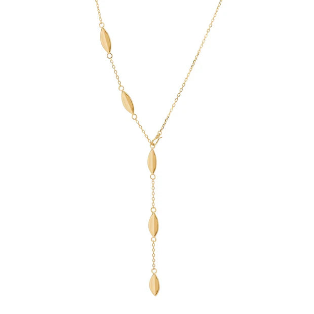 Das Produktbild zeigt eine filigrane Y-Halskette für Damen aus 925 Sterling Silber, wahlweise vergoldet, mit polierten Blattelementen als feminines Alltagsschmuckstück und Geschenkidee.