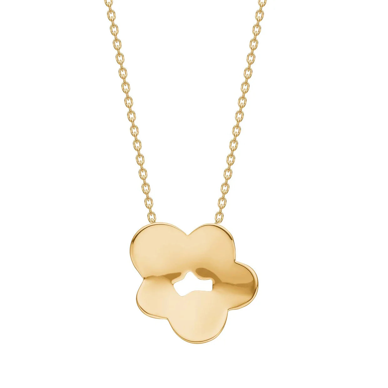 Die Bloom Damenhalskette aus 925 Sterling Silber oder 925 Silber vergoldet zeigt einen hochglanzpolierten Blütenanhänger mit modernem Ausschnitt und richtet sich an stilbewusste Frauen, die ein feminines Allround-Schmuckstück suchen.