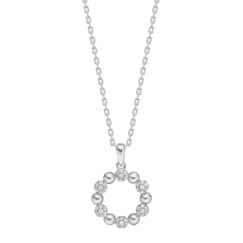 Feine Damen-Halskette aus 925 Sterling Silber, wahlweise vergoldet oder in Silber, mit rundem Anhänger aus abwechselnd polierten Kugeln und Zirkonia-Steinen als eleganter Schmuck für stilbewusste Frauen.