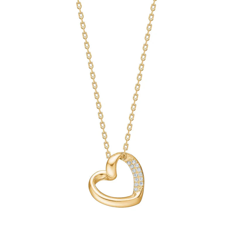 Diese zarte Damen-Halskette aus 925 Sterling Silber, wahlweise vergoldet, zeigt einen teilweise mit Zirkonia besetzten Herzanhänger und richtet sich an romantische, stilbewusste Frauen.